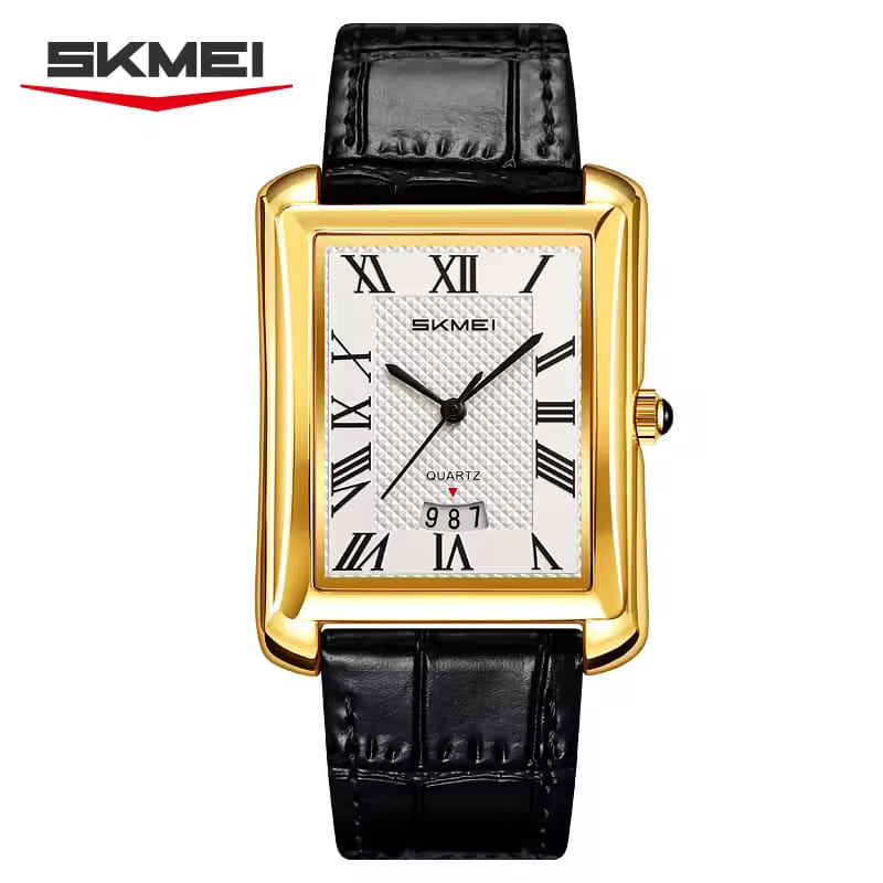 SKMEI 2575 Men’s Square Leather Quartz Watch (Black+Gold+Silver)