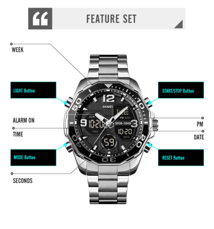 Skmei 1649 Dual Time Sport Stainless Steel Watch Features 01