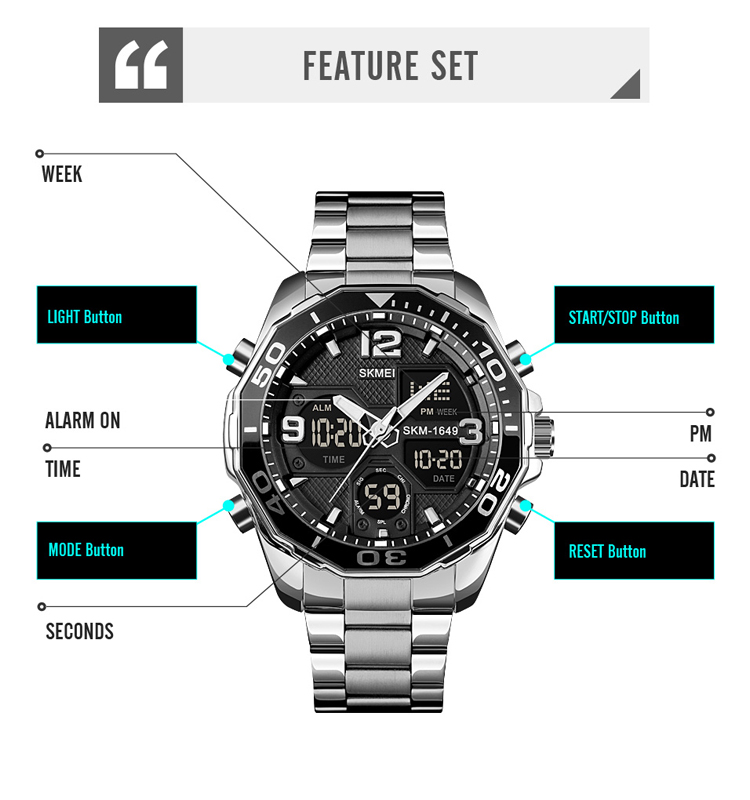 Skmei 1649 Dual Time Sport Stainless Steel Watch Features 01