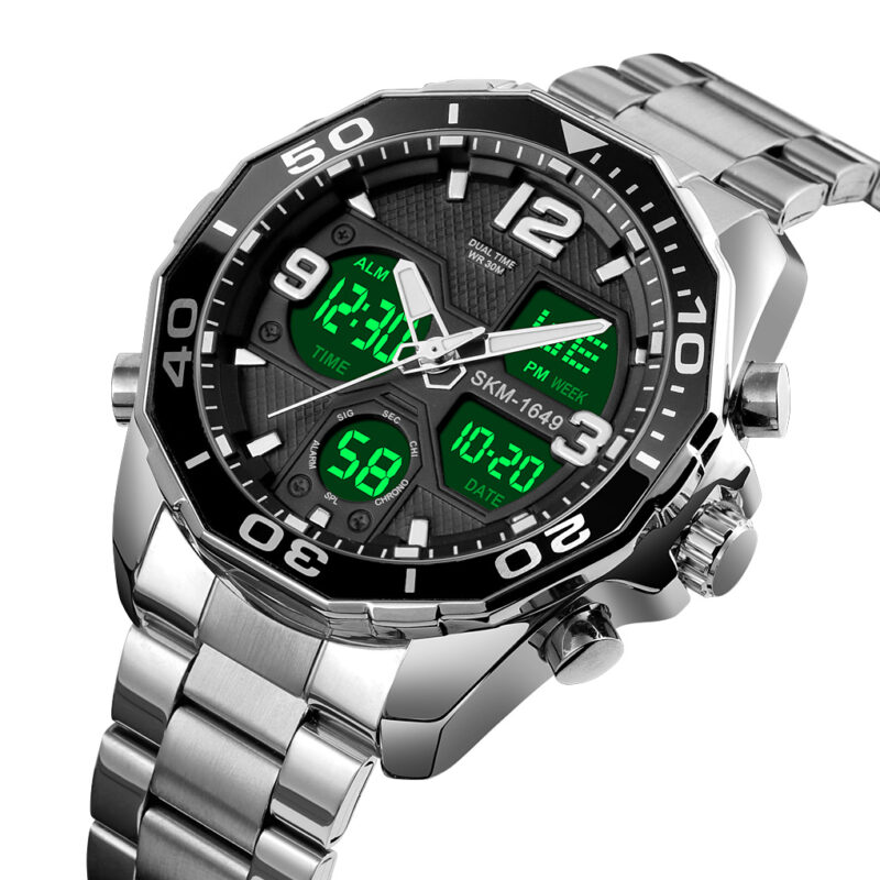 Skmei 1649 Dual Time Sport Stainless Steel Watch (Silver+Black)