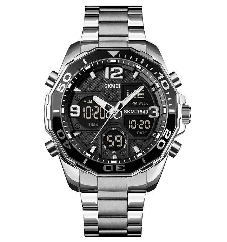 Skmei 1649 Dual Time Sport Stainless Steel Watch (Silver+Black)