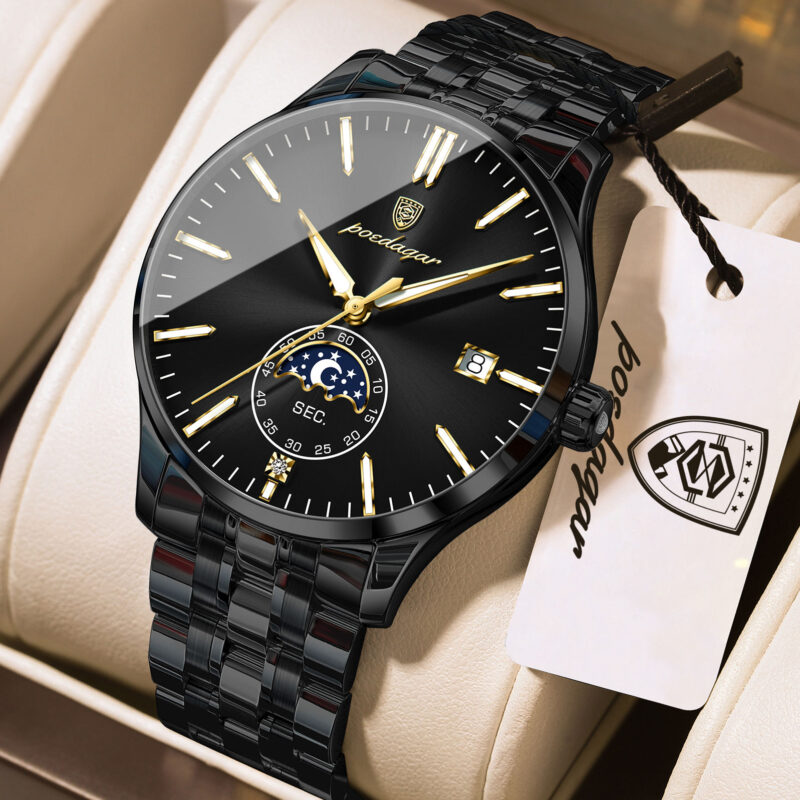 Poedagar 854 Luxury Moon Phase Quartz Stainless Steel Watch For Men (Black)