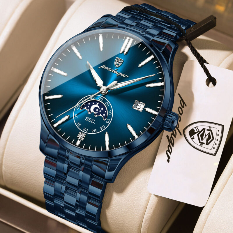 Poedagar 854 Luxury Moon Phase Quartz Stainless Steel Watch For Men (Blue)