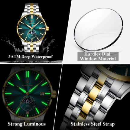 Poedagar 854 Luxury Moon Phase Quartz Stainless Steel Watch For Men