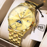 Poedagar 854 Luxury Moon Phase Quartz Stainless Steel Watch For Men (Gold)
