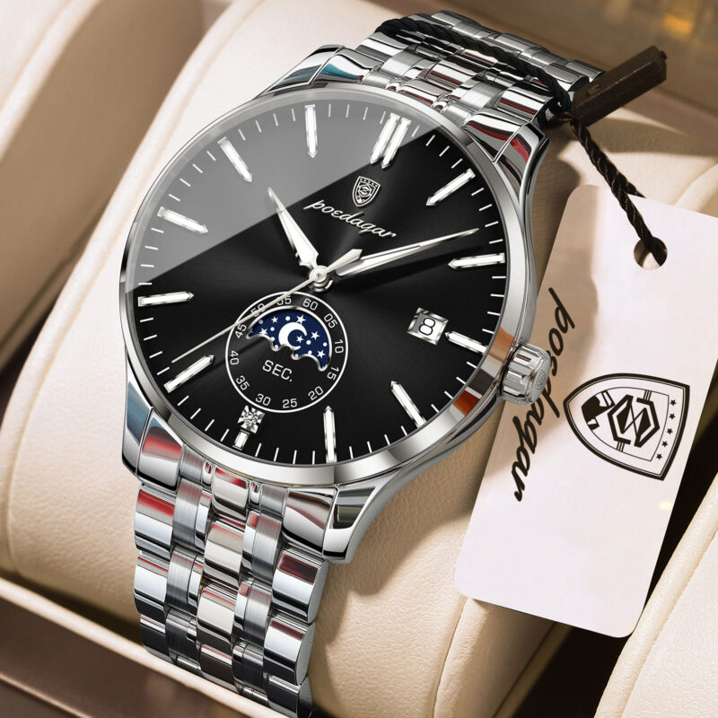 Poedagar 854 Luxury Moon Phase Quartz Stainless Steel Watch For Men (Silver+Black)