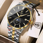 Poedagar 854 Luxury Moon Phase Quartz Stainless Steel Watch For Men (Silver+Gold+Black)