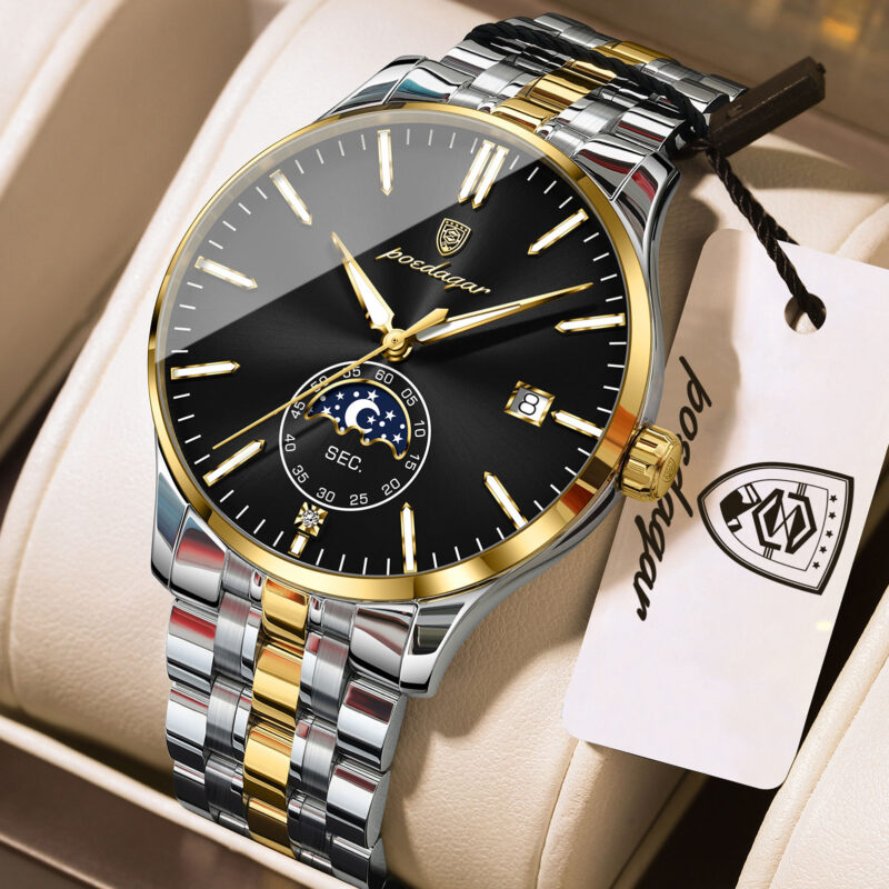 Poedagar 854 Luxury Moon Phase Quartz Stainless Steel Watch For Men (Silver+Gold+Black)