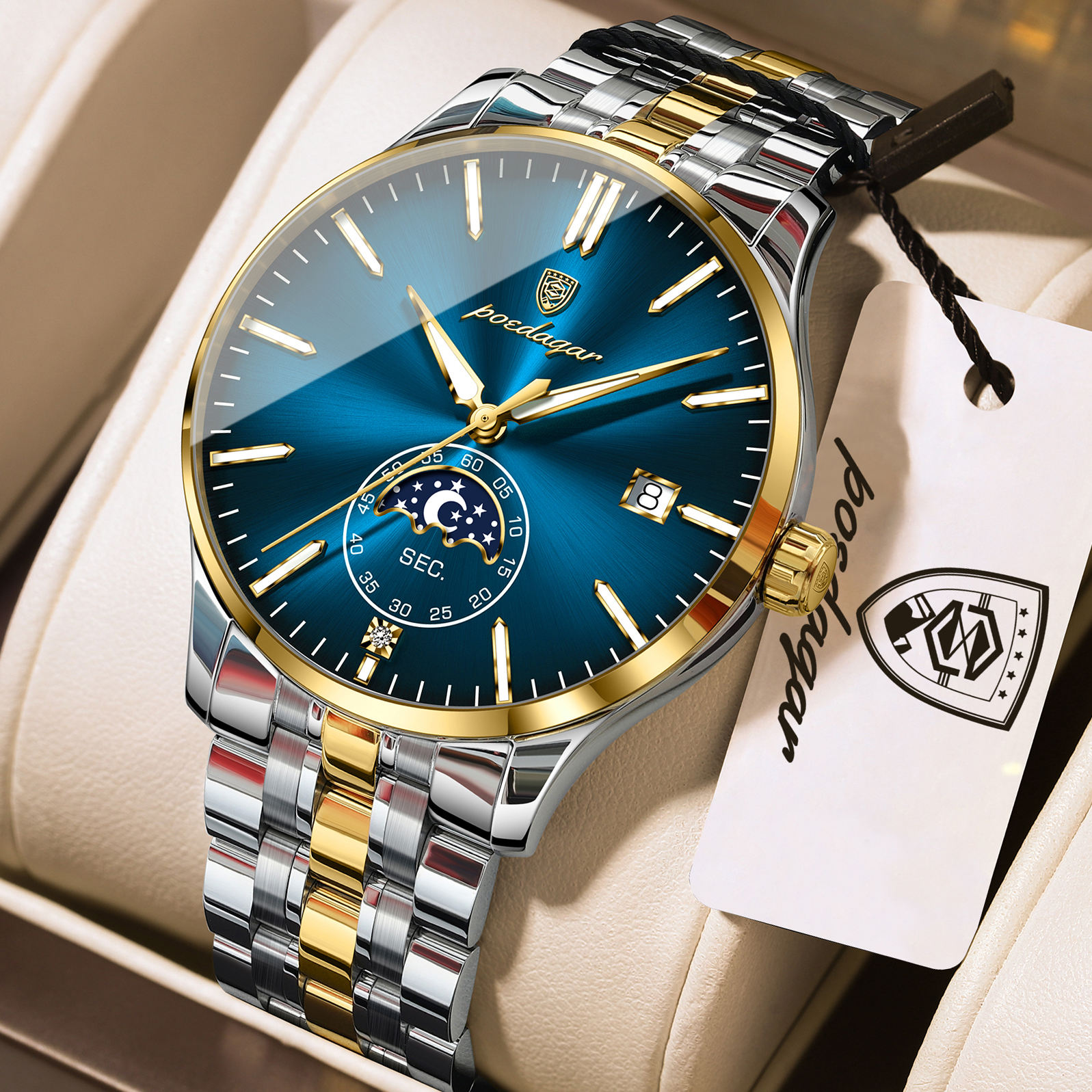 Poedagar 854 Luxury Moon Phase Quartz Stainless Steel Watch For Men (Silver+Gold+Blue) Poedagar 854 Luxury Moon Phase Quartz Stainless Steel Watch For Men (Silver+Gold+Blue)