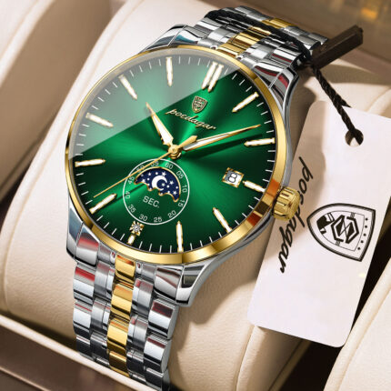Poedagar 854 Luxury Moon Phase Quartz Stainless Steel Watch For Men (Silver+Gold+Green)