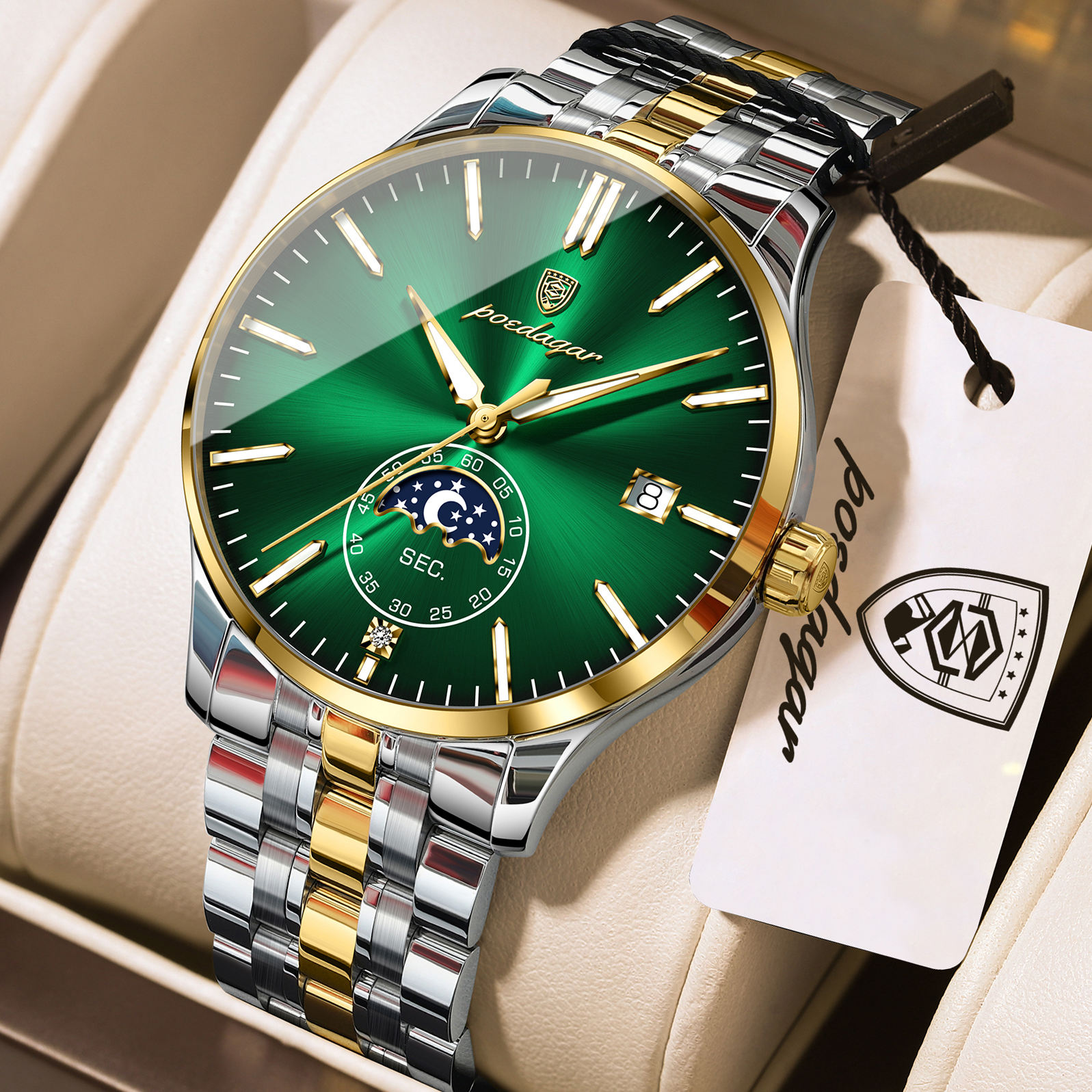 Poedagar 854 Luxury Moon Phase Quartz Stainless Steel Watch For Men (Silver+Gold+Green) Poedagar 854 Luxury Moon Phase Quartz Stainless Steel Watch For Men (Silver+Gold+Green)
