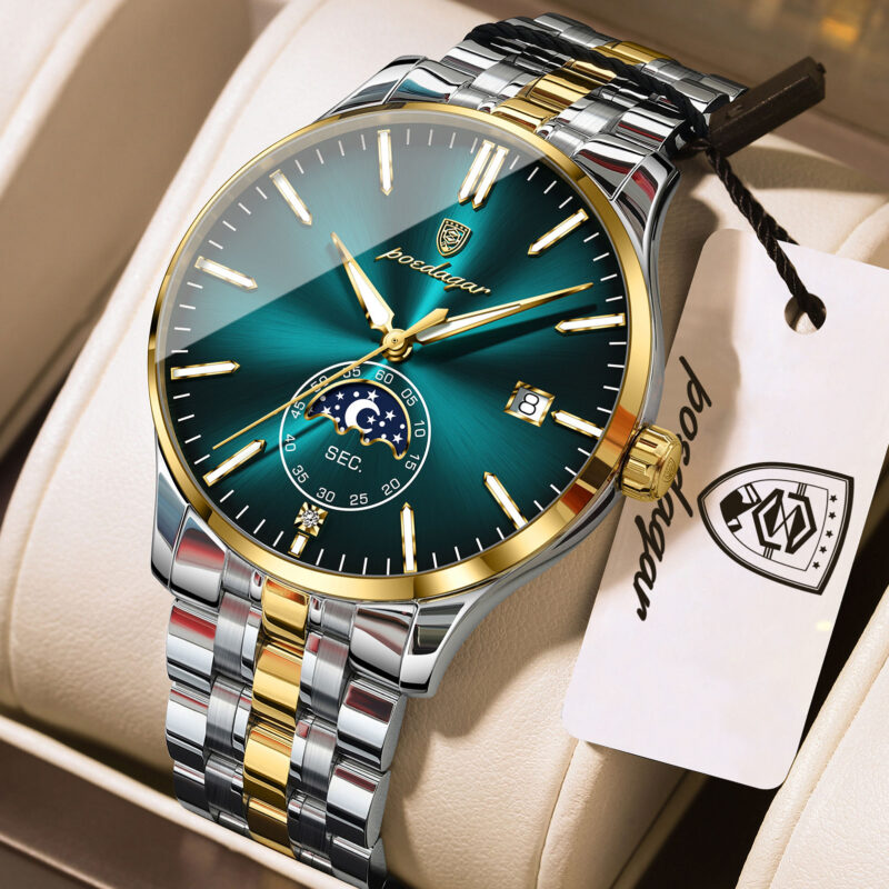 Poedagar 854 Luxury Moon Phase Quartz Stainless Steel Watch For Men (Silver+Gold+Mint Blue)