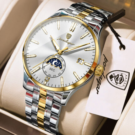 Poedagar 854 Luxury Moon Phase Quartz Stainless Steel Watch For Men (Silver+Gold+White)