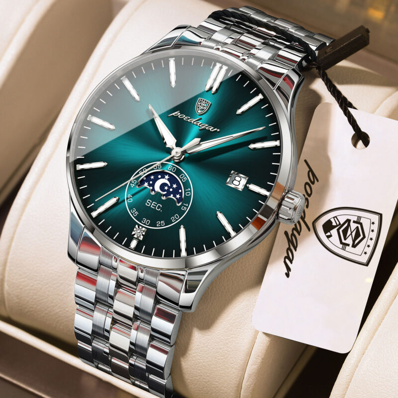 Poedagar 854 Luxury Moon Phase Quartz Stainless Steel Watch For Men (Silver+Mint Blue)