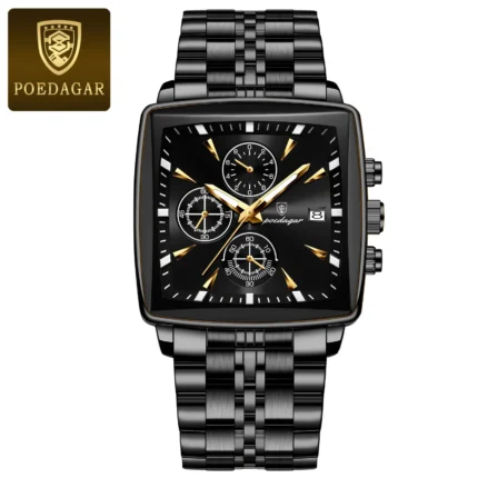 Poedagar 866 Luxury Square Quartz Chronograph Watch for Men (Black)