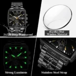 Poedagar 866 Luxury Square Quartz Chronograph Watch for Men