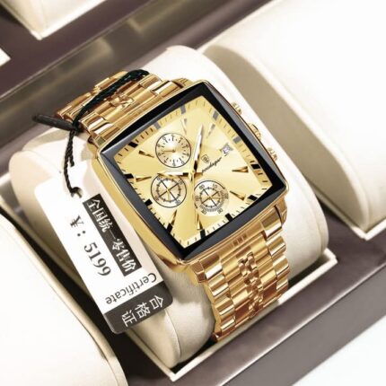 Poedagar 866 Luxury Square Quartz Chronograph Watch for Men (Gold)