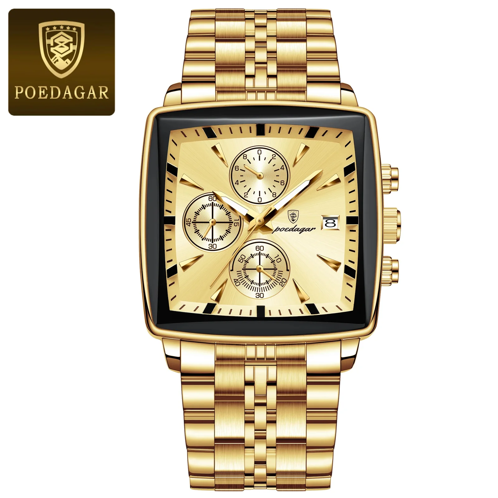 Poedagar 866 Luxury Square Quartz Chronograph Watch for Men (Gold) Poedagar 866 Luxury Square Quartz Chronograph Watch for Men (Gold)