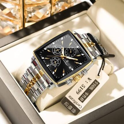 Poedagar 866 Luxury Square Quartz Chronograph Watch for Men (Silver+Gold+Black)