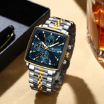 Poedagar 866 Luxury Square Quartz Chronograph Watch for Men (Silver+Gold+Blue)