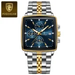 Poedagar 866 Luxury Square Quartz Chronograph Watch for Men (Silver+Gold+Blue)