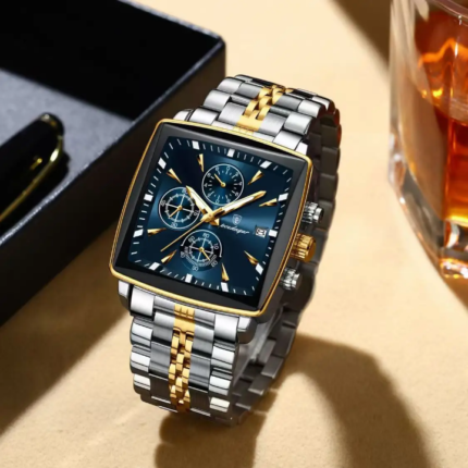 Poedagar 866 Luxury Square Quartz Chronograph Watch for Men (Silver+Gold+Blue)
