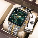 Poedagar 866 Luxury Square Quartz Chronograph Watch for Men (Silver+Gold+Green)