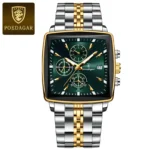 Poedagar 866 Luxury Square Quartz Chronograph Watch for Men (Silver+Gold+Green)