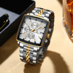 Poedagar 866 Luxury Square Quartz Chronograph Watch for Men (Silver+Gold+White)