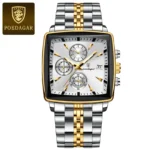 Poedagar 866 Luxury Square Quartz Chronograph Watch for Men (Silver+Gold+White)